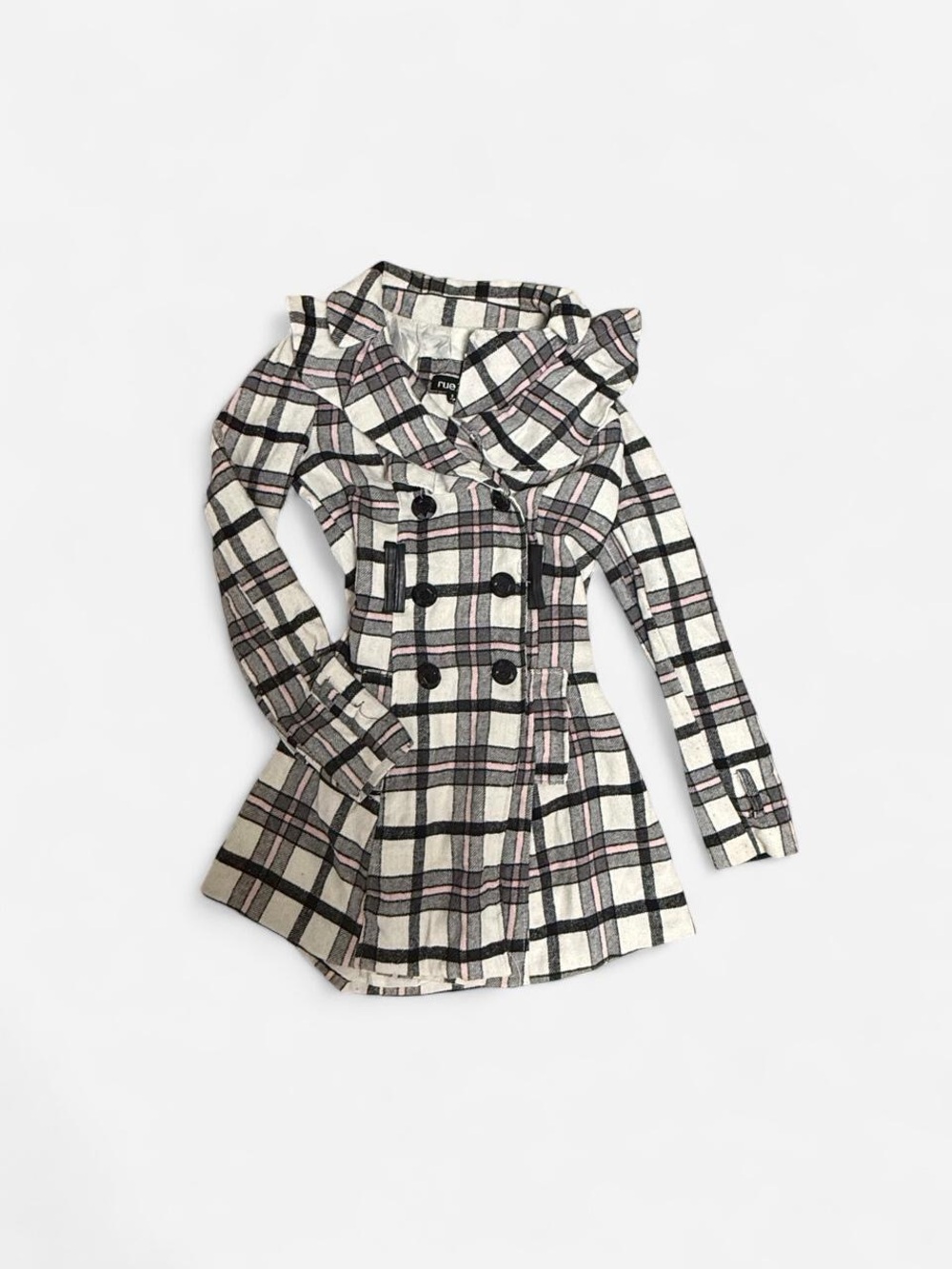 Rue21 Plaid Double-Breasted Pea Coat in White, Black & Pink